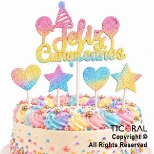 CAKE TOPPER FELIZ CUMPLEA�OS CON ESTRELLAS Y CORAZONES GIBRE MULTICOLOR
